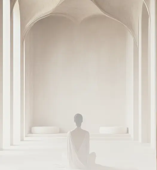 woman sits alone in a high-ceilinged meditation hall